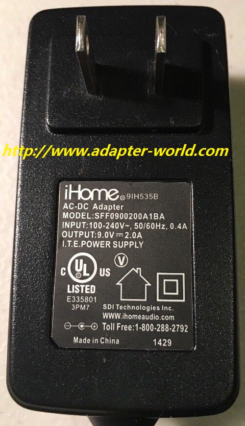 *100% Brand NEW* iHome 9VDC 2.0A SFF0900200A1BA AC/DC Adapter ITE Power Supply Free shipping!